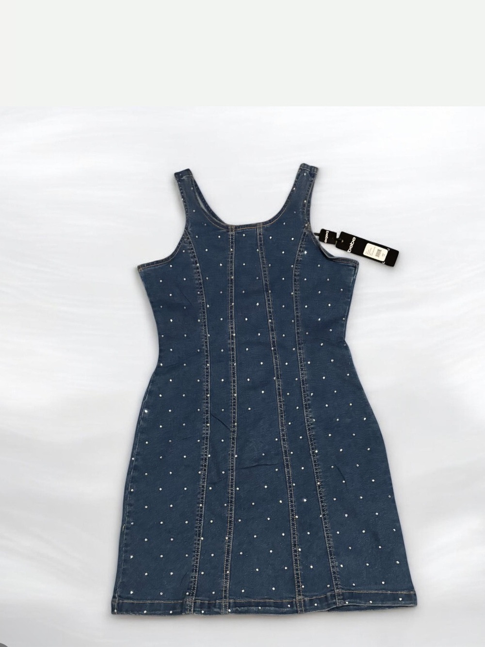 🍒NWT Bebe Sleeveless Medium Wash denim Rhinestone Studded Dress Women’s Small 🍒